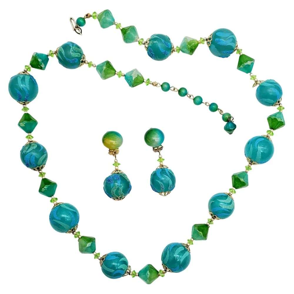 Hong Kong Necklace Clip Earrings Blue Green Flocked Beaded Acrylic Lucite Summer